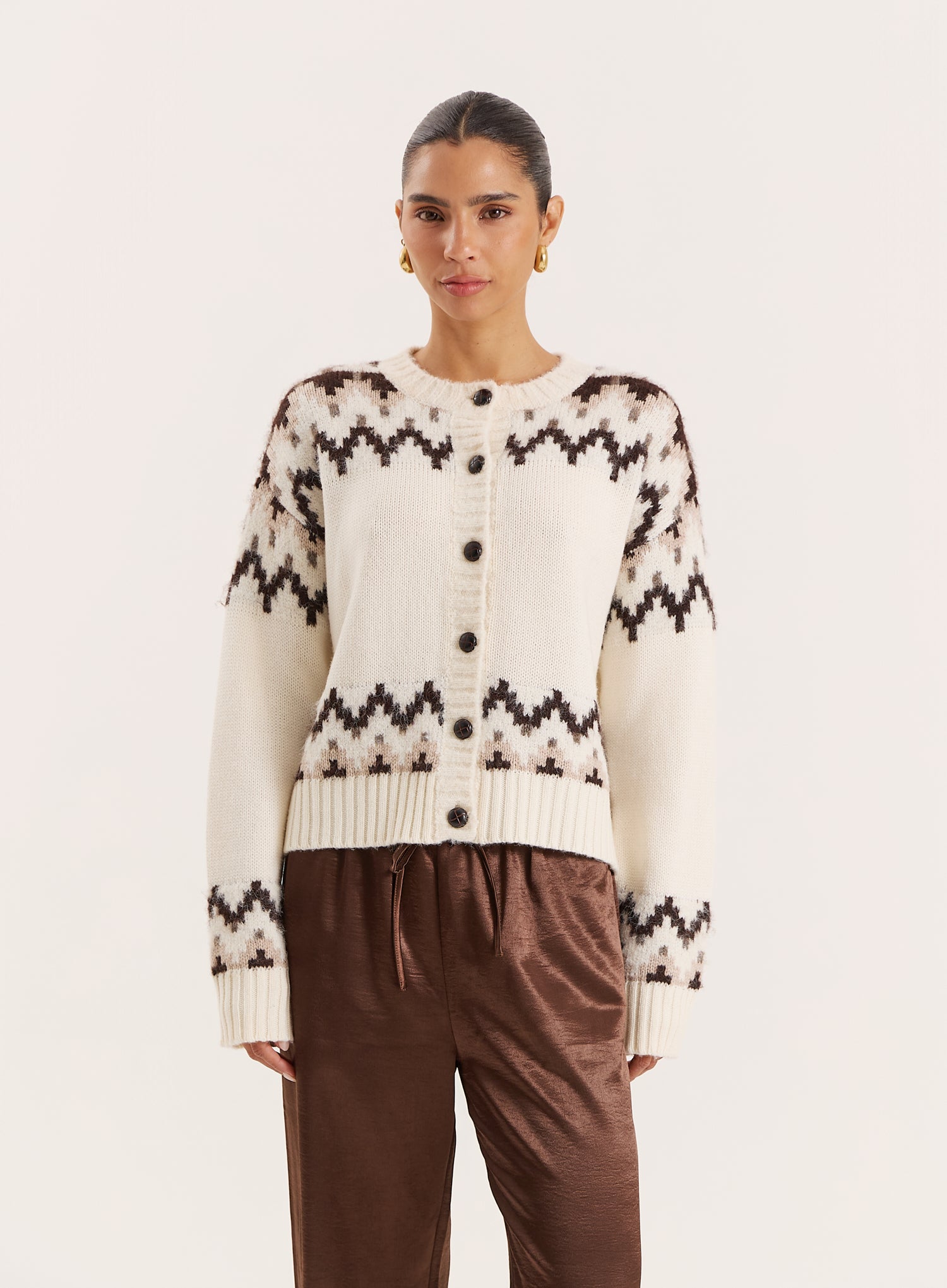 White Knitted Fairisle Button Front Cardigan